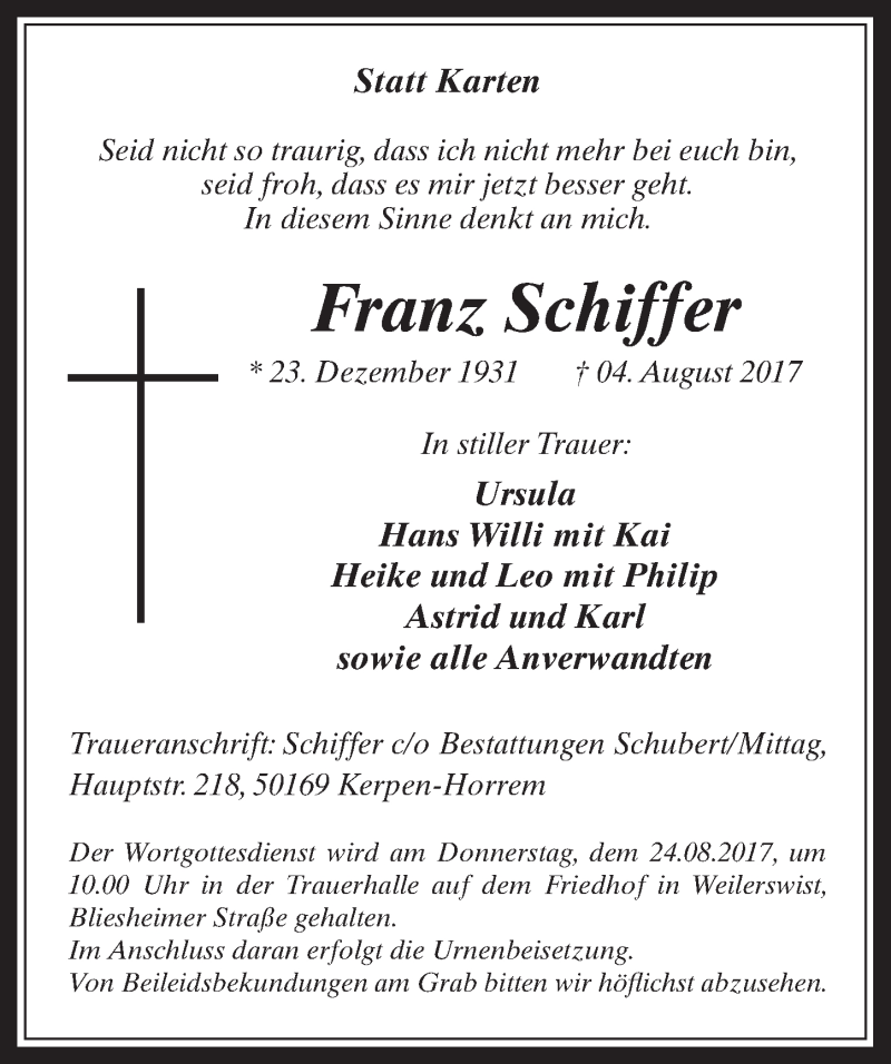  Traueranzeige für Franz Schiffer vom 16.08.2017 aus  Wochenende 