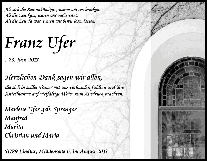  Traueranzeige für Franz Ufer vom 05.08.2017 aus Kölner Stadt-Anzeiger / Kölnische Rundschau / Express