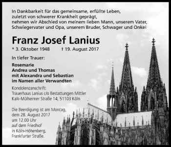 Anzeige von Franz Josef Lanius von Kölner Stadt-Anzeiger / Kölnische Rundschau / Express