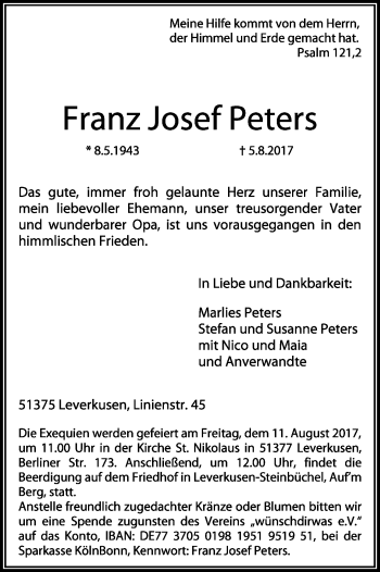 Anzeige von Franz Josef Peters von Kölner Stadt-Anzeiger / Kölnische Rundschau / Express
