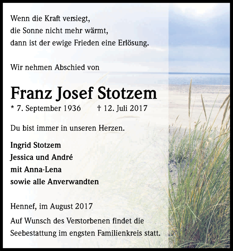  Traueranzeige für Franz Josef Stotzem vom 05.08.2017 aus Kölner Stadt-Anzeiger / Kölnische Rundschau / Express