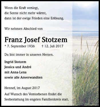 Anzeige von Franz Josef Stotzem von Kölner Stadt-Anzeiger / Kölnische Rundschau / Express