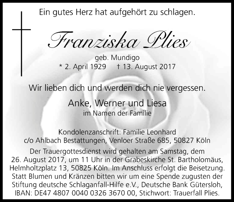  Traueranzeige für Franziska Plies vom 19.08.2017 aus Kölner Stadt-Anzeiger / Kölnische Rundschau / Express