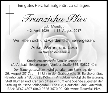 Anzeige von Franziska Plies von Kölner Stadt-Anzeiger / Kölnische Rundschau / Express