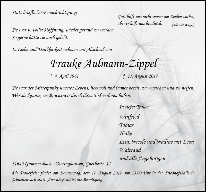  Traueranzeige für Frauke Aulmann-Zippel vom 16.08.2017 aus  Anzeigen Echo 