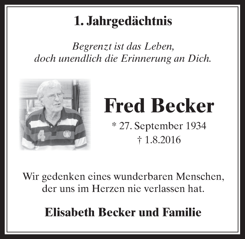  Traueranzeige für Fred Becker vom 05.08.2017 aus  Sonntags-Post 