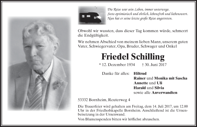  Traueranzeige für Friedel Schilling vom 09.08.2017 aus  Schaufenster/Blickpunkt 
