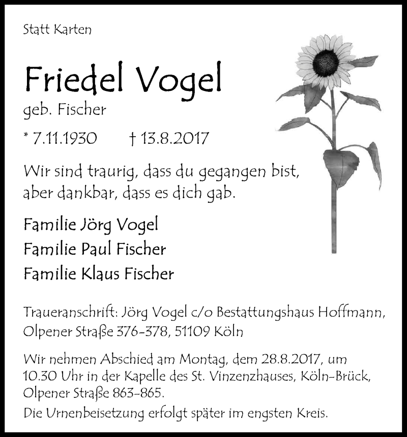  Traueranzeige für Friedel Vogel vom 19.08.2017 aus Kölner Stadt-Anzeiger / Kölnische Rundschau / Express