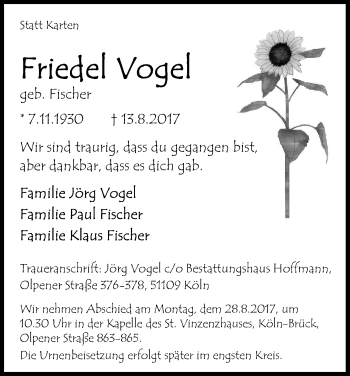 Anzeige von Friedel Vogel von Kölner Stadt-Anzeiger / Kölnische Rundschau / Express