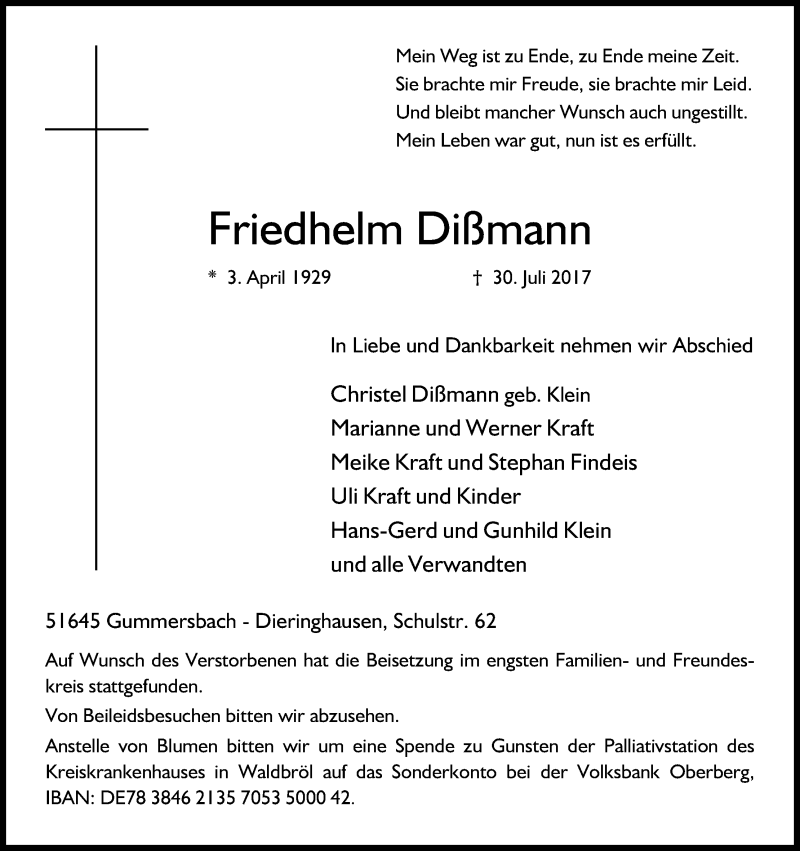  Traueranzeige für Friedhelm Dißmann vom 11.08.2017 aus Kölner Stadt-Anzeiger / Kölnische Rundschau / Express
