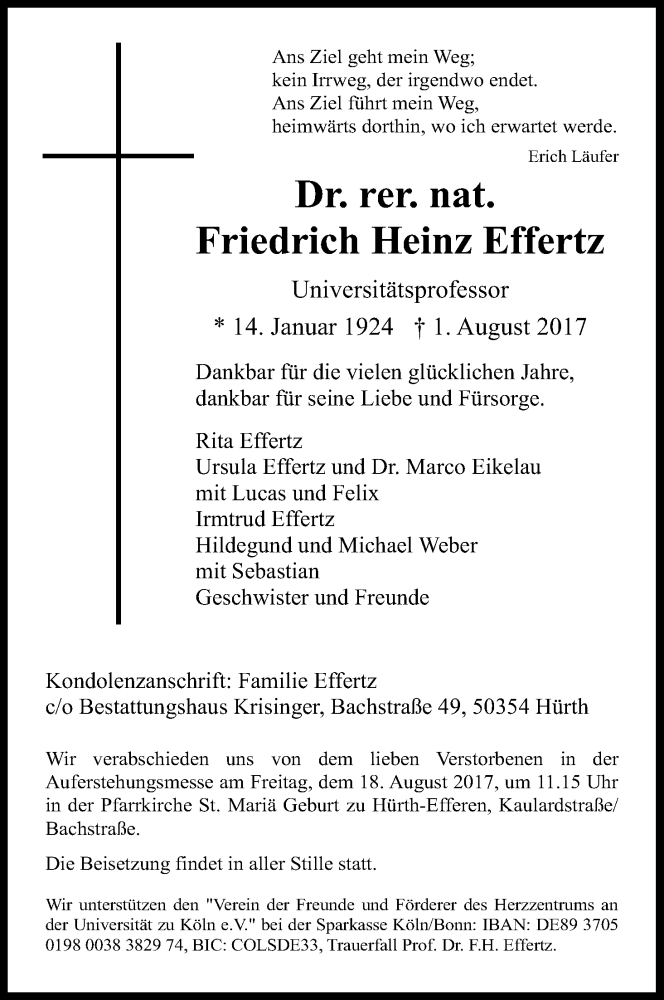  Traueranzeige für Friedrich Heinz Effertz vom 12.08.2017 aus Kölner Stadt-Anzeiger / Kölnische Rundschau / Express