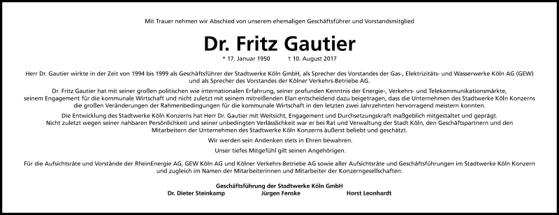  Traueranzeige für Fritz Gautier vom 19.08.2017 aus Kölner Stadt-Anzeiger / Kölnische Rundschau / Express