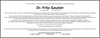 Anzeige von Fritz Gautier von Kölner Stadt-Anzeiger / Kölnische Rundschau / Express