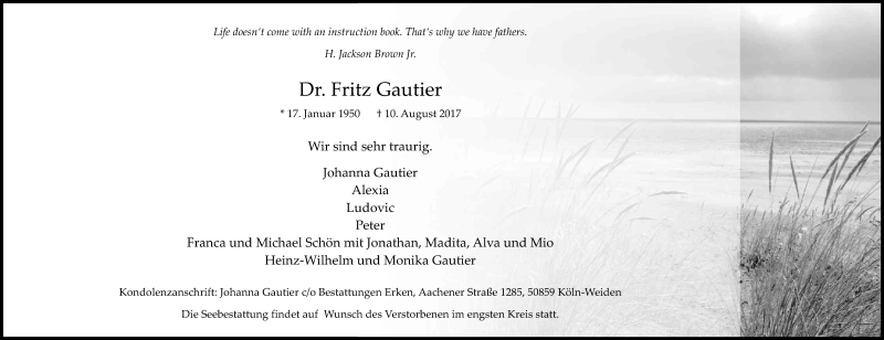  Traueranzeige für Fritz Gautier vom 19.08.2017 aus Kölner Stadt-Anzeiger / Kölnische Rundschau / Express