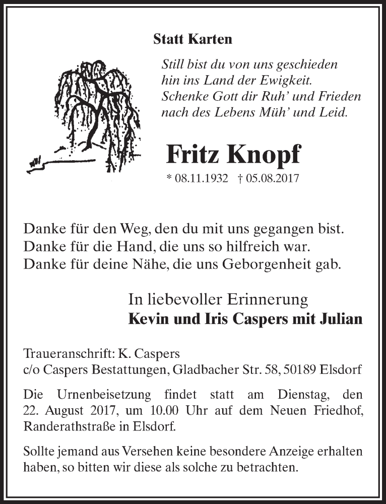  Traueranzeige für Fritz Knopf vom 19.08.2017 aus  Sonntags-Post 