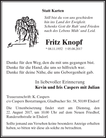 Anzeige von Fritz Knopf von  Sonntags-Post 