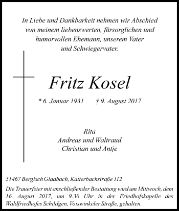 Anzeige von Fritz Kosel von Kölner Stadt-Anzeiger / Kölnische Rundschau / Express