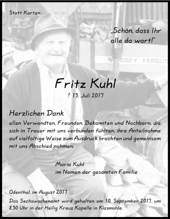 Anzeige von Fritz Kuhl von Kölner Stadt-Anzeiger / Kölnische Rundschau / Express