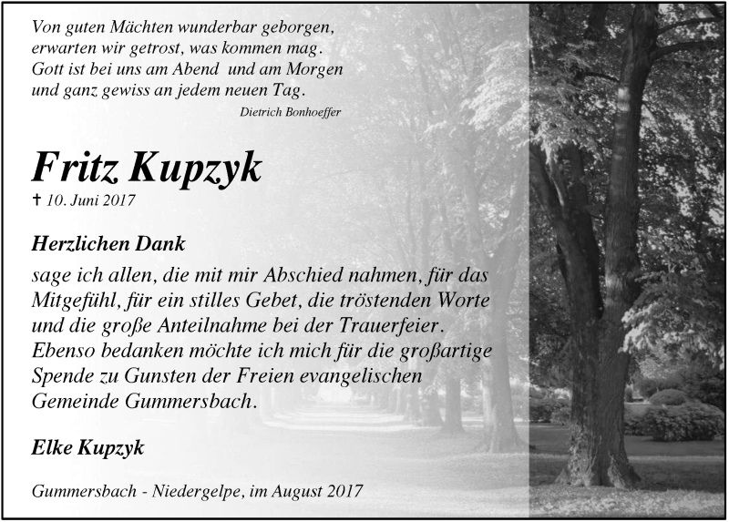  Traueranzeige für Fritz Kupzyk vom 02.08.2017 aus  Anzeigen Echo 