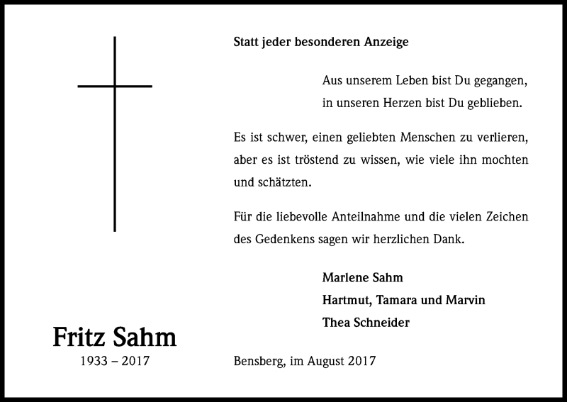  Traueranzeige für Fritz Sahm vom 23.08.2017 aus Kölner Stadt-Anzeiger / Kölnische Rundschau / Express