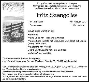 Anzeige von Fritz Szangolies von Kölner Stadt-Anzeiger / Kölnische Rundschau / Express