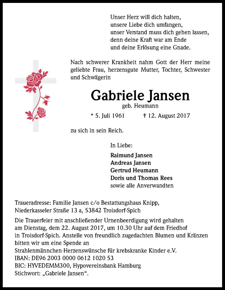  Traueranzeige für Gabriele Jansen vom 16.08.2017 aus Kölner Stadt-Anzeiger / Kölnische Rundschau / Express