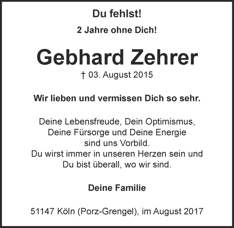  Traueranzeige für Gebhard Zehrer vom 02.08.2017 aus  Kölner Wochenspiegel 