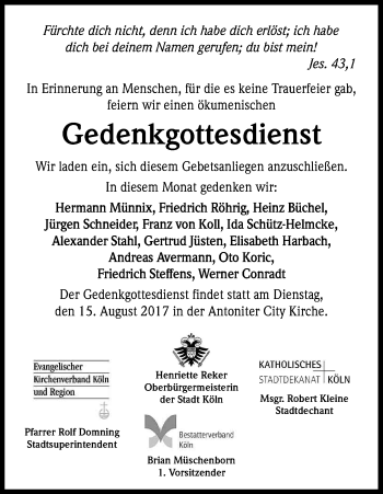 Anzeige von Gedenkgottesdienst  von Kölner Stadt-Anzeiger / Kölnische Rundschau / Express