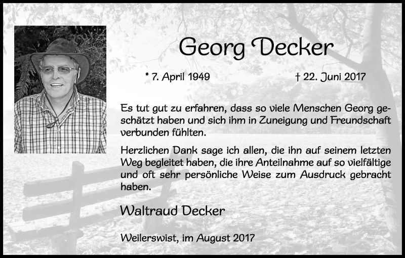  Traueranzeige für Georg Decker vom 05.08.2017 aus Kölner Stadt-Anzeiger / Kölnische Rundschau / Express