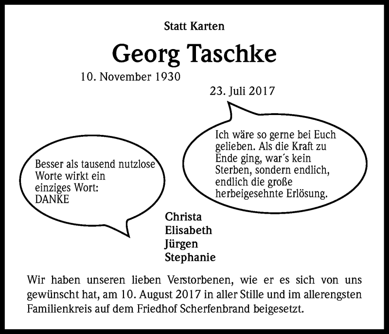  Traueranzeige für Georg Taschke vom 12.08.2017 aus Kölner Stadt-Anzeiger / Kölnische Rundschau / Express