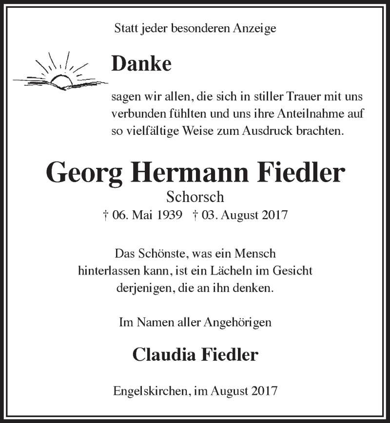  Traueranzeige für Georg Hermann Fiedler vom 23.08.2017 aus  Anzeigen Echo 