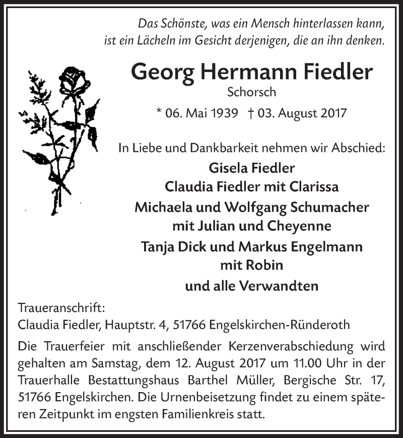  Traueranzeige für Georg Hermann Fiedler vom 09.08.2017 aus  Anzeigen Echo 