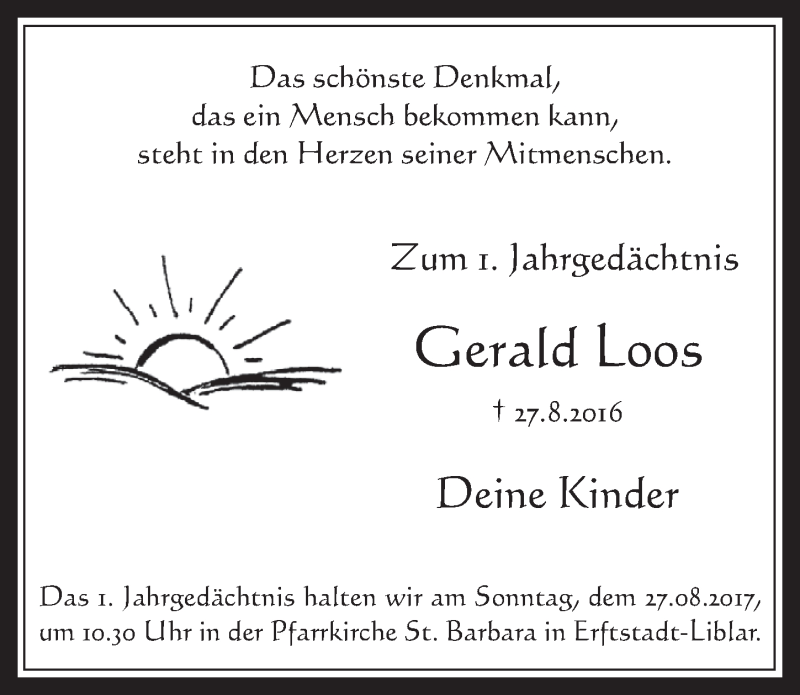  Traueranzeige für Gerald Loos vom 23.08.2017 aus  Schlossbote/Werbekurier  Werbepost 