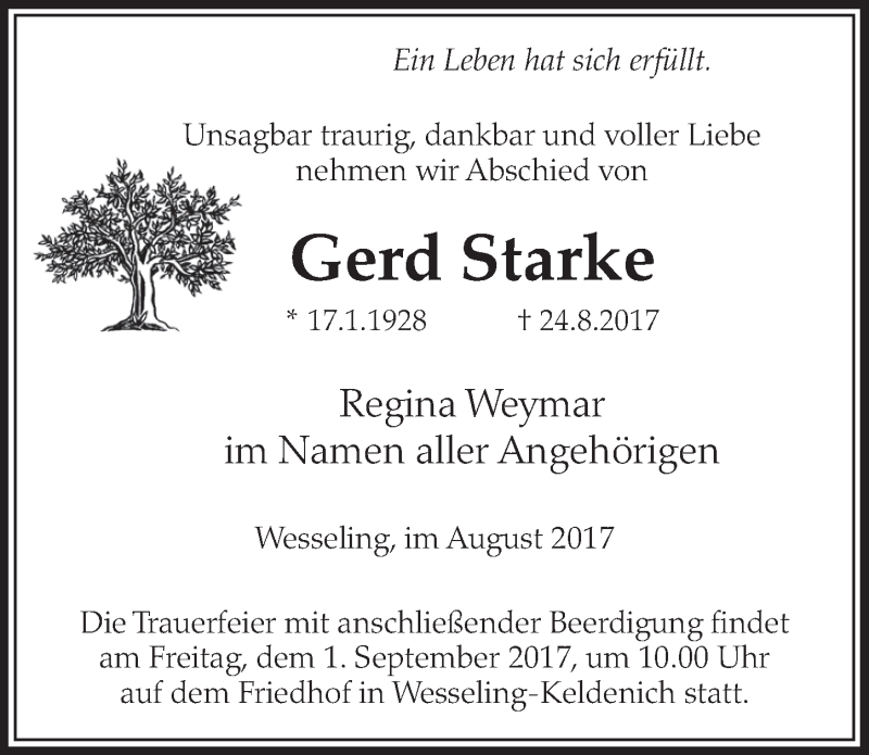  Traueranzeige für Gerd Starke vom 30.08.2017 aus  Schlossbote/Werbekurier 