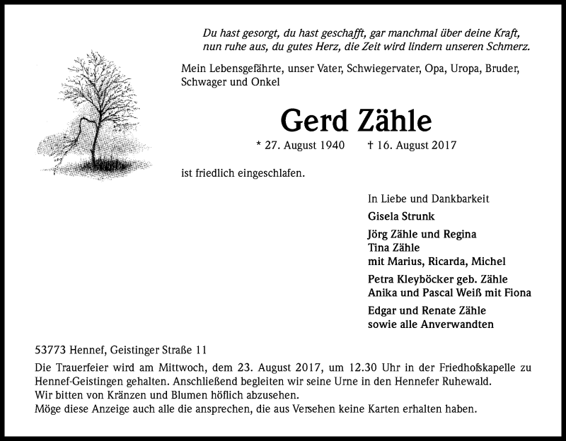  Traueranzeige für Gerd Zähle vom 19.08.2017 aus Kölner Stadt-Anzeiger / Kölnische Rundschau / Express