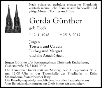 Anzeige von Gerda Günther von Kölner Stadt-Anzeiger / Kölnische Rundschau / Express