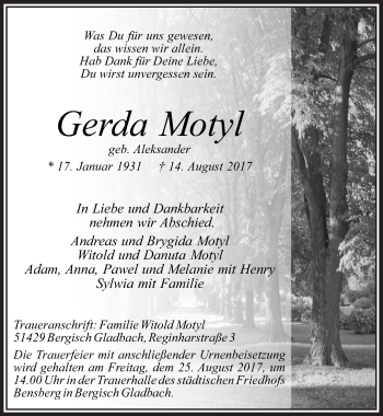 Anzeige von Gerda Motyl von  Bergisches Handelsblatt 