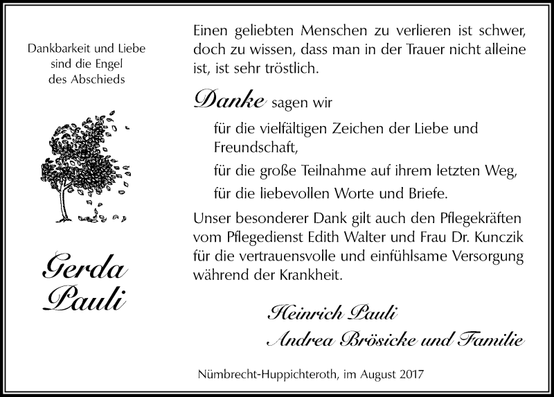  Traueranzeige für Gerda Pauli vom 23.08.2017 aus  Lokalanzeiger 