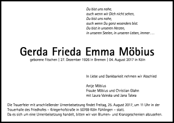 Anzeige von Gerda Frieda Emma Möbius von Kölner Stadt-Anzeiger / Kölnische Rundschau / Express