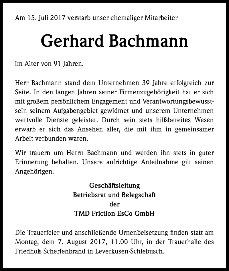  Traueranzeige für Gerhard Bachmann vom 02.08.2017 aus Kölner Stadt-Anzeiger / Kölnische Rundschau / Express