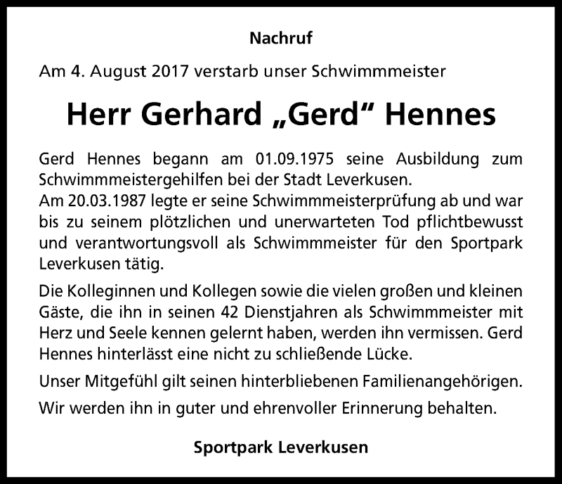  Traueranzeige für Gerhard Hennes vom 17.08.2017 aus Kölner Stadt-Anzeiger / Kölnische Rundschau / Express