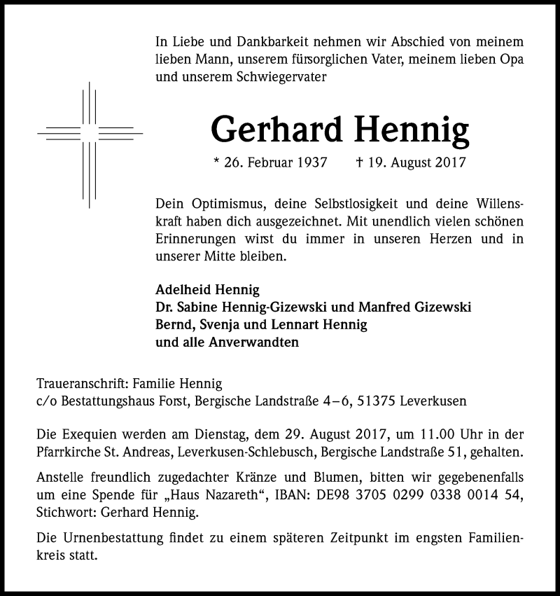  Traueranzeige für Gerhard Hennig vom 25.08.2017 aus Kölner Stadt-Anzeiger / Kölnische Rundschau / Express