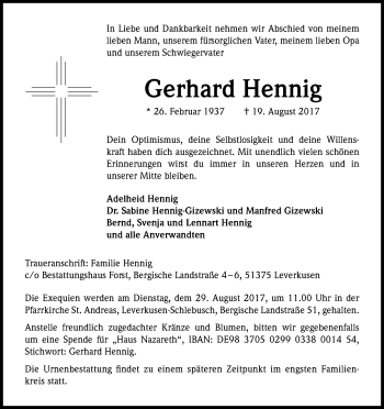 Anzeige von Gerhard Hennig von Kölner Stadt-Anzeiger / Kölnische Rundschau / Express