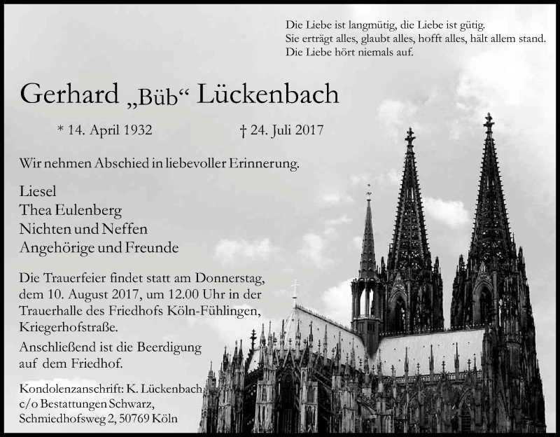  Traueranzeige für Gerhard Lückenbach vom 05.08.2017 aus Kölner Stadt-Anzeiger / Kölnische Rundschau / Express