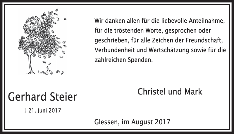  Traueranzeige für Gerhard Steier vom 05.08.2017 aus  Sonntags-Post 