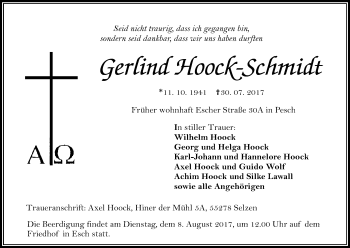 Anzeige von Gerlind Hoock-Schmidt von Kölner Stadt-Anzeiger / Kölnische Rundschau / Express