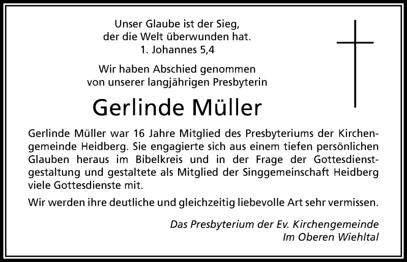  Traueranzeige für Gerlinde Müller vom 24.08.2017 aus Kölner Stadt-Anzeiger / Kölnische Rundschau / Express