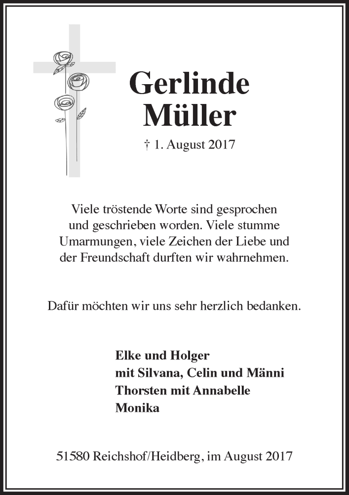  Traueranzeige für Gerlinde Müller vom 30.08.2017 aus  Lokalanzeiger 