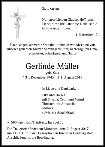 Anzeige von Gerlinde Müller von Kölner Stadt-Anzeiger / Kölnische Rundschau / Express