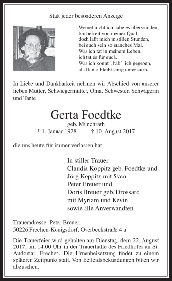 Anzeige von Gerta Foedtke von  Wochenende 